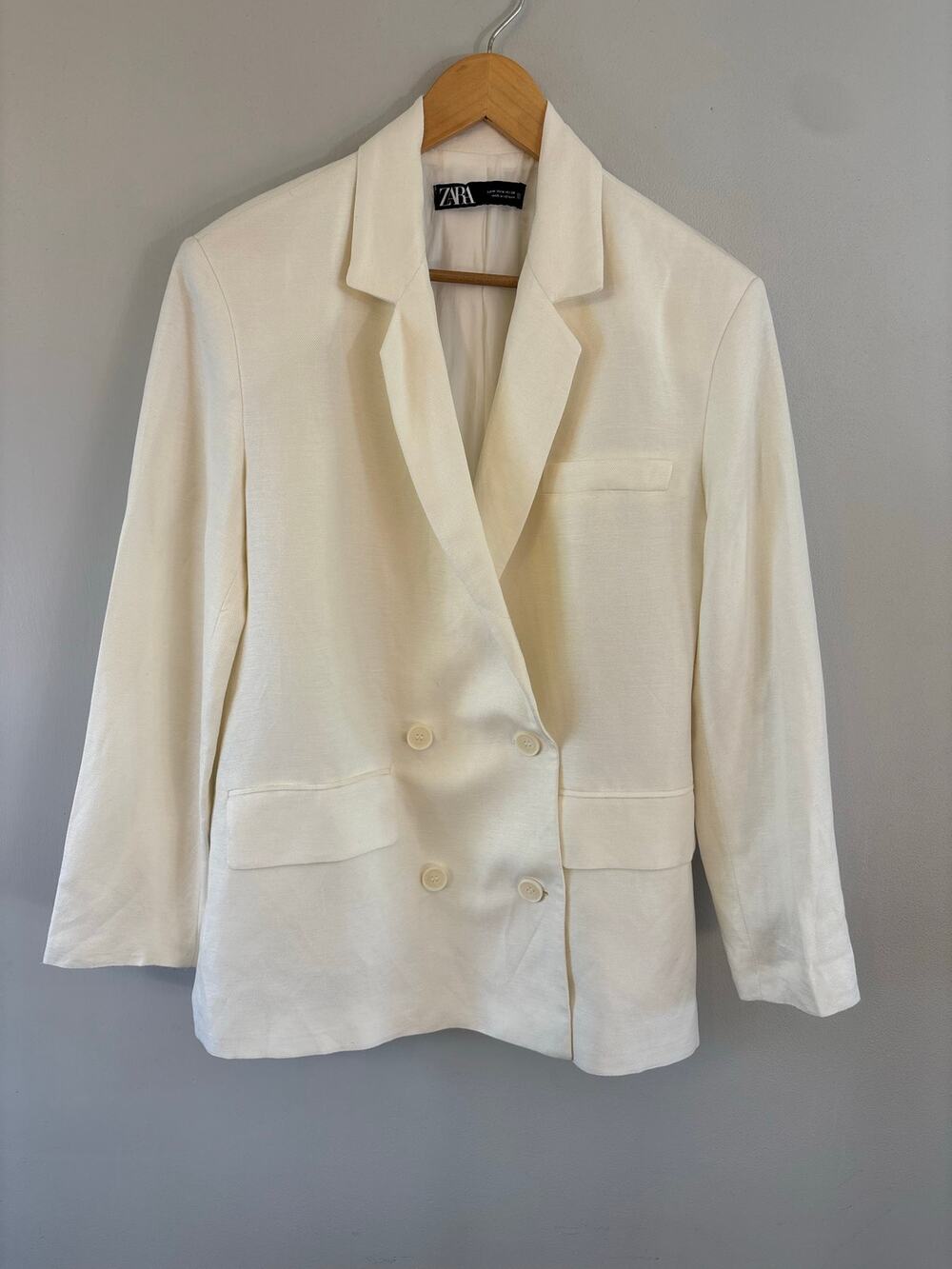 Zara Cream Linen Blend Double Breasted Blazer Size Medium